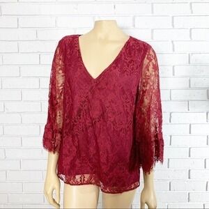 ModCloth Burgundy Floral Lace V-Neck Blouse 3/4 Bell Sleeve Lined Top | Size XL